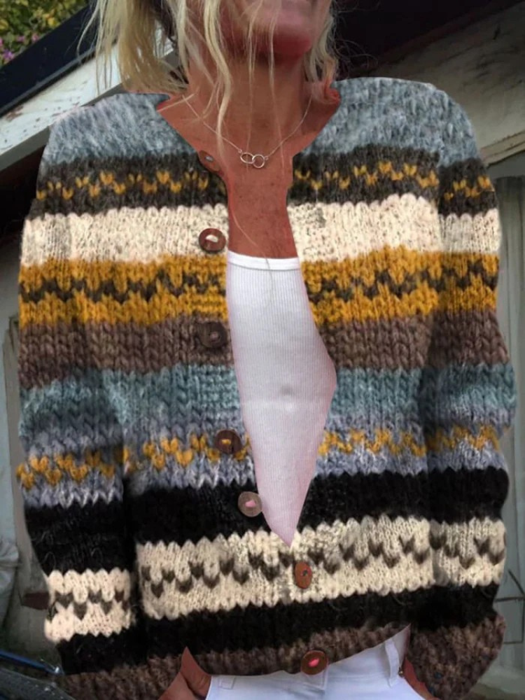 Aira | Striped Color Block Print Buttoned Cardigan Sweater