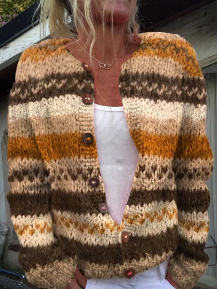 Alexa - Striped Colour Block Print Buttoned Cardigan Sweater