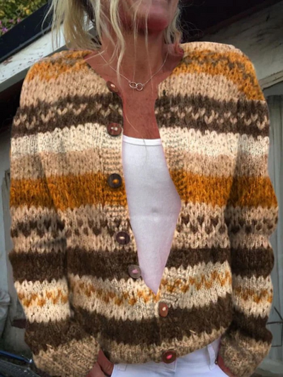 Alexa - Striped Colour Block Print Buttoned Cardigan Sweater