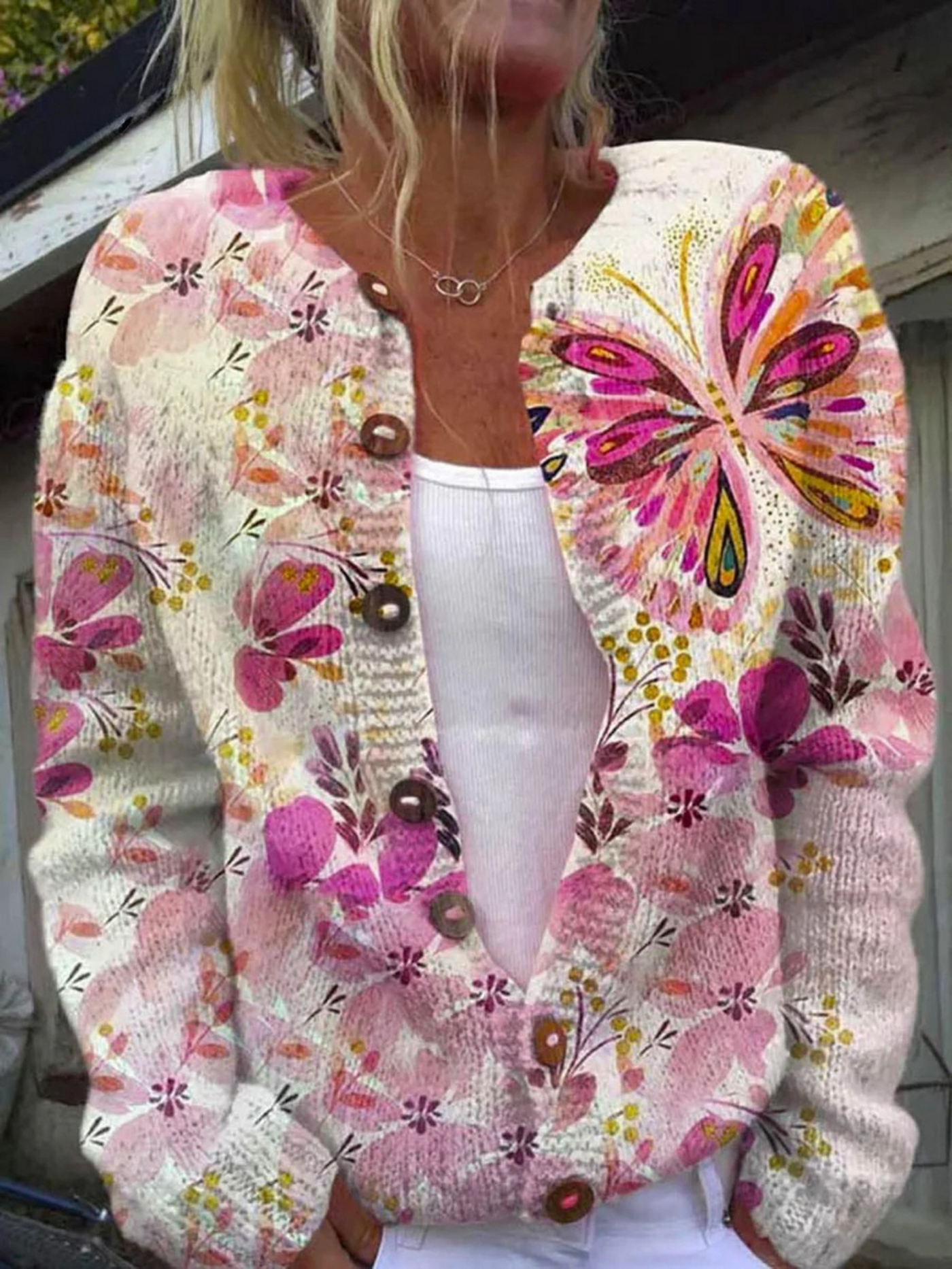 Jane | Women's Lovely Butterfly Floral Art Print Buttoned Cardigan Sweater