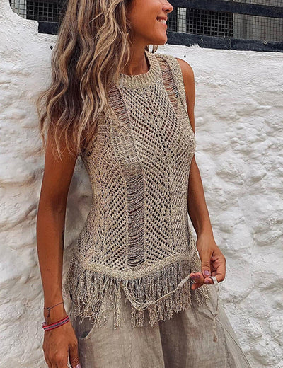 Thalia - Thar Desert Sleeveless Tassel Knit Top