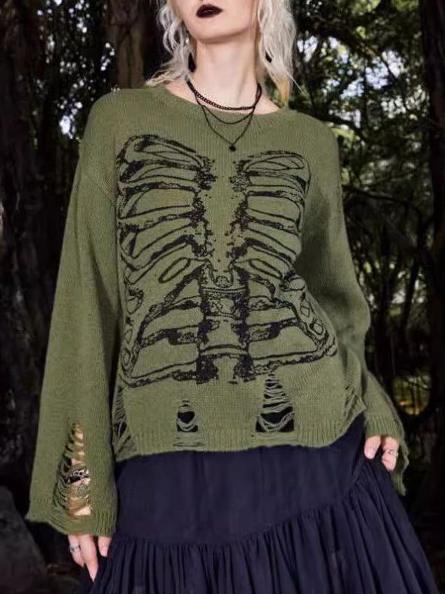 Hollie - Halloween Skeleton Dark Style Ripped Long Sleeve Sweater