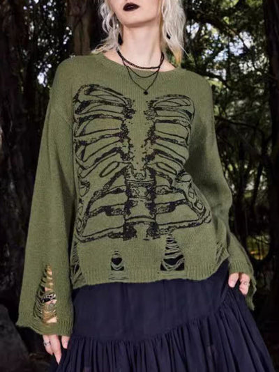 Hollie - Halloween Skeleton Dark Style Ripped Long Sleeve Sweater