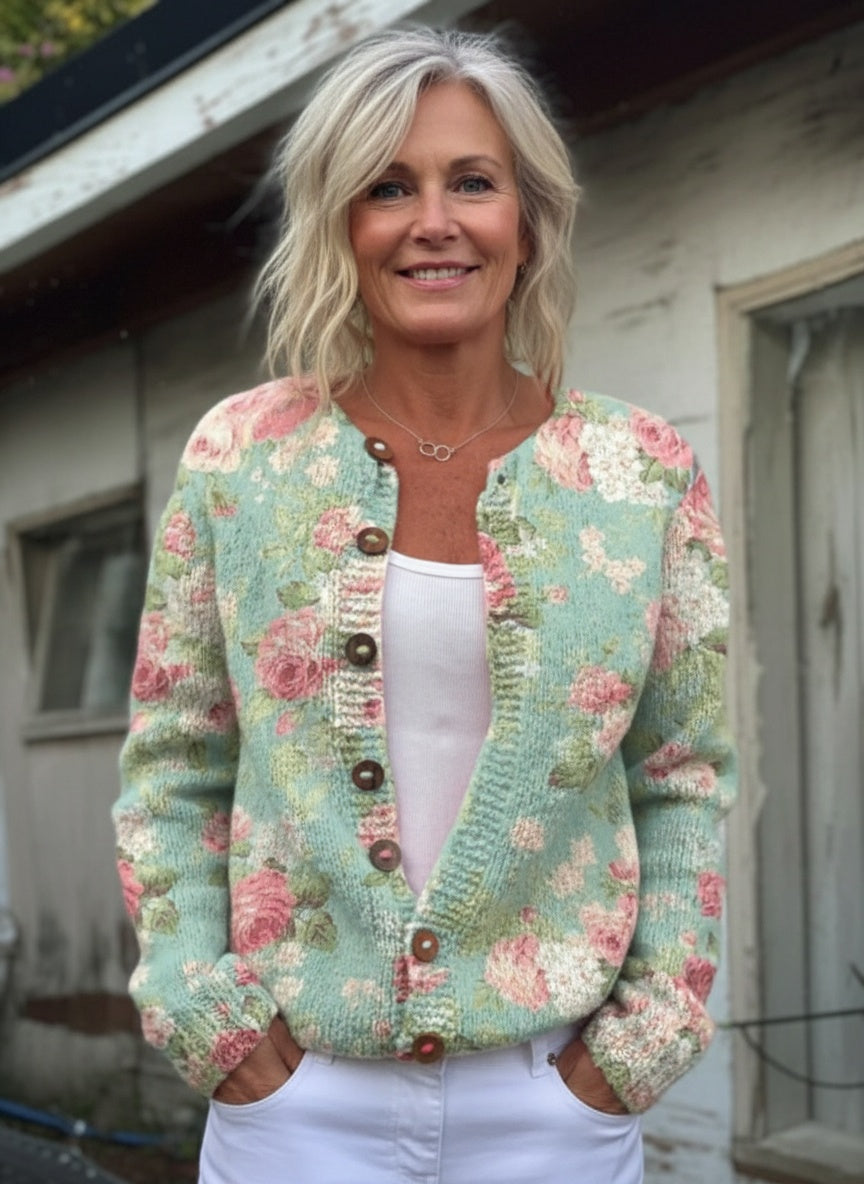 Catherine | Fresh Retro Flowers Print Buttoned Cardigan Sweater