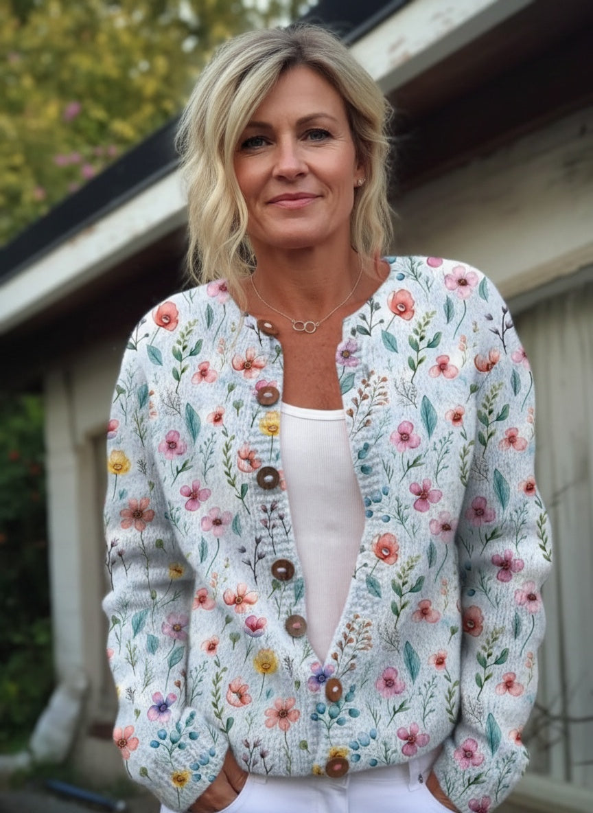 Bella | Vintage Flower Art Print Buttoned Cardigan Sweater
